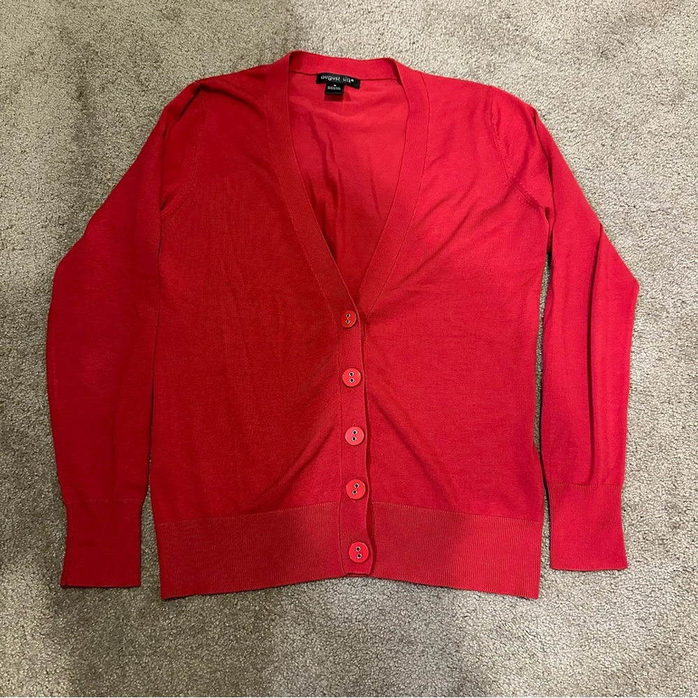 August Silk Button Front Silk Blend Cardigan Sweater V Neck